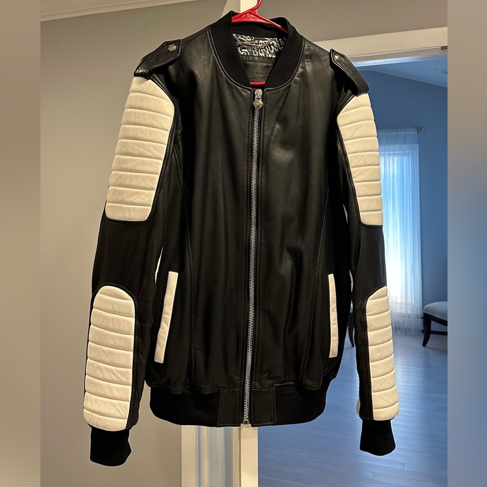 Philipp Plein Leather Biker Jacket Black White | Luxury Designer | Rare
